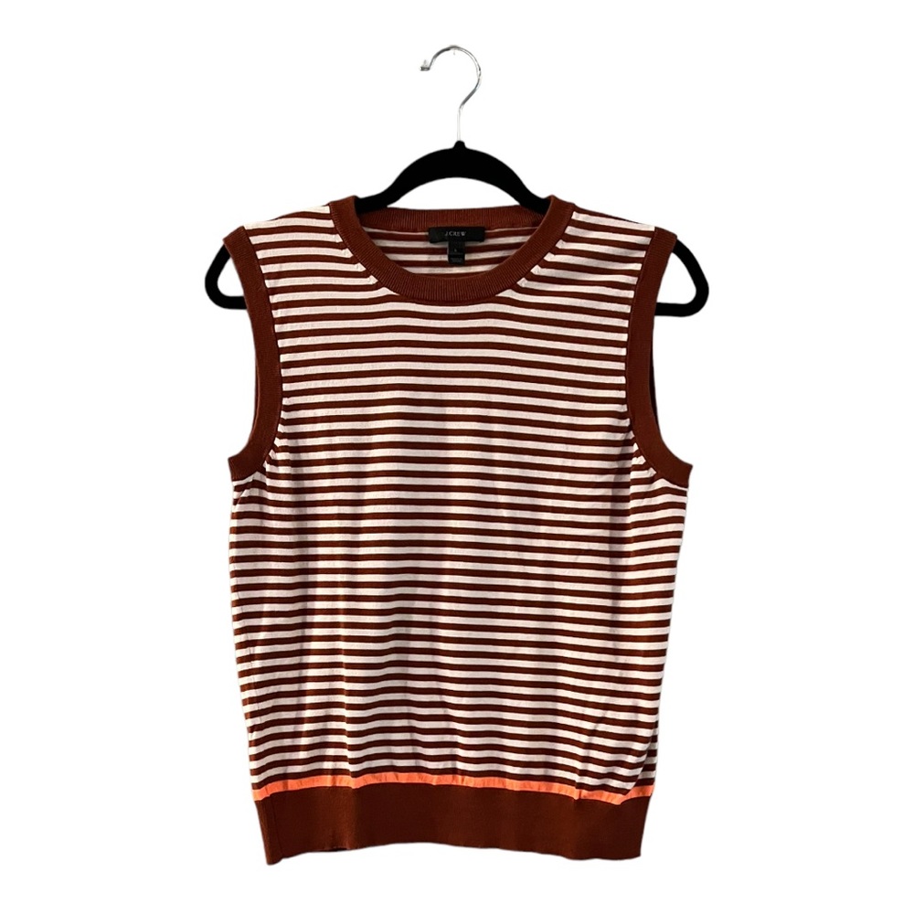 J. Crew Sleeveless Striped Knit Sweater in Cream and Brown with Orange Accent